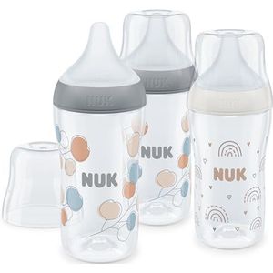 NUK Perfect Match Flessenset, 3 maanden, geschikt voor het gehemelte, temperatuurregeling, anti-koliek ventilatie, 260 ml, BPA-vrij, fopspeen M van siliconen, regenboog en tak, 3 stuks