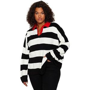Trendyol Dames GESTREFT Lange Mouwen Ontspannen Sweater in Plus Size, rood, 3XL