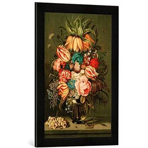 Ingelijste foto van Ambrosius Bosschaert de jongere ""bos bloemen in glazen vaas met beiwerk"", kunstdruk in hoogwaardige handgemaakte fotolijst, 40x60 cm, mat zwart