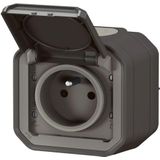 Stopcontact 2P+T LEGRAND waterdicht Plexo antraciet 16A 250V ~ IP55 IK08 compleet voor opbouwbevestiging