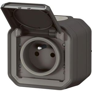 Stopcontact 2P+T LEGRAND waterdicht Plexo antraciet 16A 250V ~ IP55 IK08 compleet voor opbouwbevestiging