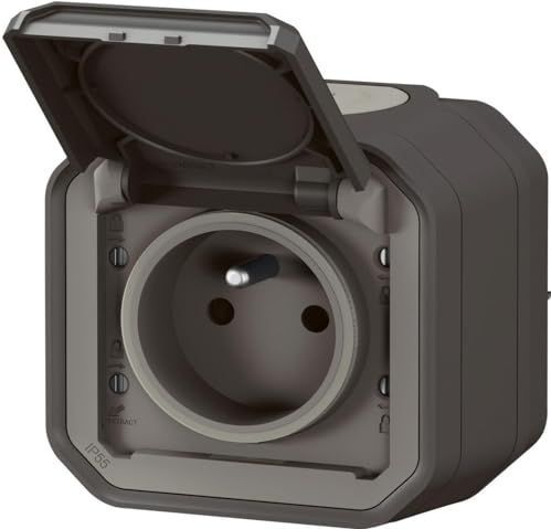 Stopcontact 2P+T LEGRAND waterdicht Plexo antraciet 16A 250V ~ IP55 IK08 compleet voor opbouwbevestiging