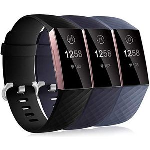 Dirrelo 3 Pack Bandjes Compatibel met Fitbit Charge 3/Fitbit Charge 4 voor Dames en Heren, Zachte Siliconen Verstelbare Vervangende Sportarmband voor Fitbit Charge 3 SE，S+Zwart+Donkerblauw+Blauwgrijs