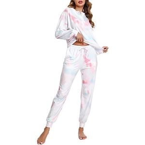 Doaraha Pyjama voor dames, winter, katoen, lang, tie-dye, 2 stuks, ronde hals, sexy en comfort, S-XXL, blauw en roze, L