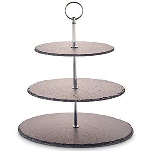 Echtwerk etagère/serveerplank voor gebak, fruit, kaas en dessert van natuurlijke leisteen met 3 niveaus en metalen handvat, zilver-editie, Ø leisteenplaten ca. 20/25/30 cm, aardewerk