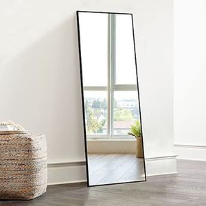KIAYACI Wandspiegel Volledige lengte Full Body Spiegel Slaapkamer Dressing Spiegel Staand Opknoping of leunend Tegen Muur Aluminium Frame (Zwart, 43 ""x 16"")
