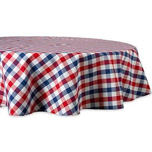 DII Tafelblad Collectie, Katoen, Rood, Wit & Blauw Ruit, Tafelkleed, 70"" Rond