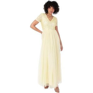 Maya Deluxe Dames V-hals verfraaid V-hals maxi-jurk korte mouw Empire taille Prom afstuderen bruidsmeisje bruiloft gast, citroen, 10, Citroen, 36