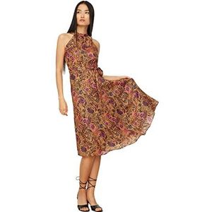 Trendyol Damesriem bloemenpatroon halterkraagjurk jurk, oranje, 42