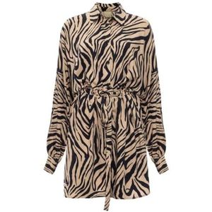 Swing Fashion Zwarte kimono-jurk met lichtbeige print Bari | Maat XS/S | Elegante jurk met riem, beige, XS