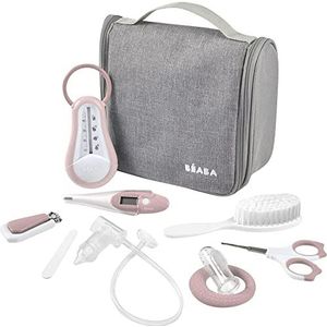 Béaba, Cosmetische tas voor baby's, nomade – 9 accessoires, inclusief badthermometer, digitale thermometer, tandring, gencieveermassageapparaat, handmatige vlieg, oud roze