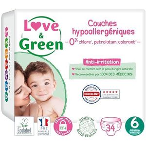 Love & Green - Gezonde en milieuvriendelijke babyluiers - Maat 6 (15 kg) - 34 luiers - Absorberend, lekvrij en vrij van ongewenste ingrediënten