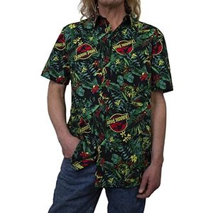 Jurassic Park Heren patroon button down shirt, zwarte tropische Raptor, S, Zwarte tropische Raptor, S