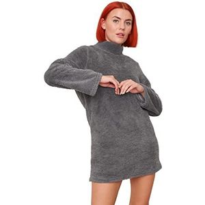 OHS Hoge hals super zachte teddyfleece jurk pluche warm stijlvol T-shirt lange mouwen kraag warm pluizig comfortabel casual loungewear, Warm grijs, 36/38 NL