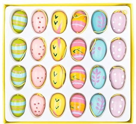 Iden Basic - Paaseieren om op te hangen, 24 stuks in 6 designs, ca. 2 cm per stuk, houten paasdecoratie