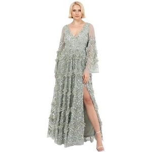 Maya Deluxe Maxi-jurk voor dames, V-hals, pailletten, ruches, Empire-taille, split, voor bal, bruidsmeisje, bruiloftsgast, Groene Lelie, 34