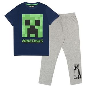 Minecraft Schlingpflanze Lange pyjama's set, Meisjes, 110-182, Blau/Weiß Heather Grey, Officiële Koopwaar