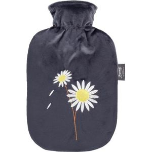 Fashy Warmwaterkruik 2,0 l met fleece overtrek met borduurwerk bloemen, zwart