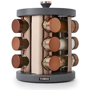 Tower T826022GRY Cavaletto 12 potjes roterende kruidenrek met voorgevulde kruiden, grijs en roségoud