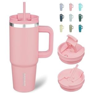 BJPKPK 30 oz roestvrij staal geïsoleerde beker met handvat en deksel stro reizen koffiemok thermische beker, lichtroze