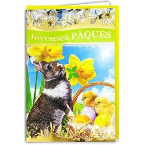 Afie 62-1009-A kaart Happy Pasen in goud glanzend en geel envelop – haas kuikens jacht op eieren geschilderd bloemen Jonquilles klaverblad party lente