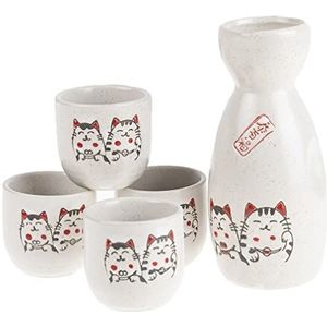 lachineuse - Sakeservies Japanse katten - met 4 kommen en karaf - Japanse Kawaii sake glazen - Aziatisch servies cadeau - Traditionele Japanse porseleinen sake service - Maneki Neko kat - Wit