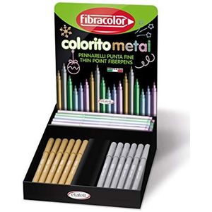 FIBRACOLOR - Kleurrijke metallic fineliner met metallic inkt, display 12 stuks goud, 12 stuks zilver, 6 stuks per roze, groen, lichtblauw, paars.