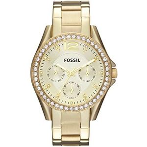 Fossil Riley horloge voor dames, chronograaf uurwerk met roestvrij stalen of leren band, Goudkleur en glitter