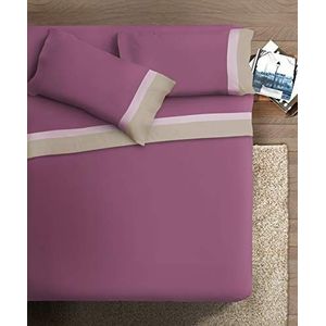 Beddengoedset met dubbele volant, van katoen, voor tweepersoonsbed, rand van satijn, crème/mauve