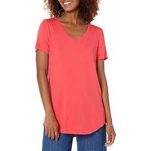 Amazon Essentials Dames relaxed-fit tuniek met korte mouwen en V-hals (verkrijgbaar in grote maten), rood, X-Large