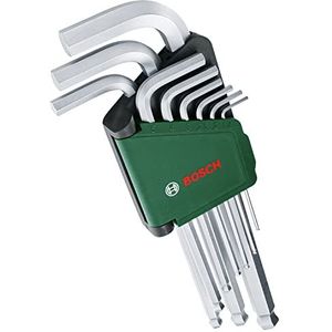 Bosch binnenzeskantsleutelset 9-delig (veelzijdige binnenzeskantsleutels gemaakt van hoogwaardig S2-staal; 1,5-10 mm; lange arm; offset van bolkop 30 graden; met roestwerende laag, opbergclip)