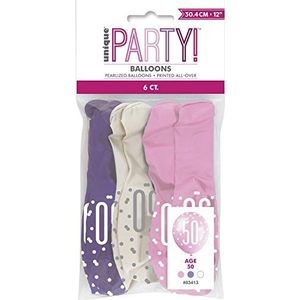 Unique Party 83413 Geassorteerde Verjaardag Latex Ballonnen-12 | 6 Pcs, Roze, Leeftijd 50