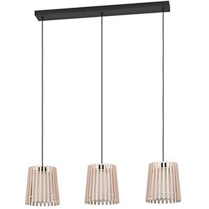 EGLO Hanglamp Fattoria, 3-lichts pendellamp boven eettafel, eettafellamp van licht hout, witte stof en zwart metaal, lamp hangend voor eetkamer, E27 fitting, Ø 20 cm