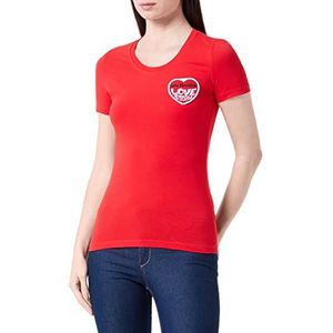 Love Moschino Dames Tight-fit Short-Sleeved met geborduurd Love Storm Knit Effect Heart Patch T-shirt, rood, 48