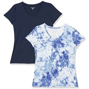Amazon Essentials Dames Tech Stretch T-shirt met korte mouwen en V-hals (verkrijgbaar in grote maten), 2-Pack, Marineblauw/Wit Tie-dye, XS