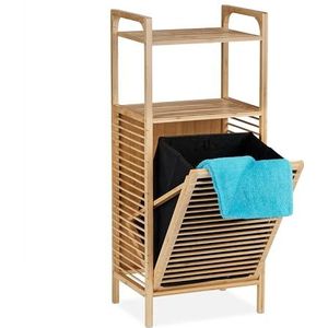 Relaxdays wasmand rek - bamboe badkamerrek - stoffen wasbox met planken - uitklapbare mand