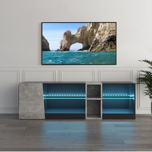 Mondeer TV-meubel, tv-meubel met ledverlichting, 5 open vakken en 1 deur, voor 55 inch tv's, voor woonkamer, slaapkamer, 140 x 45 x 37,5 cm (b x h x d), zwart en grijs