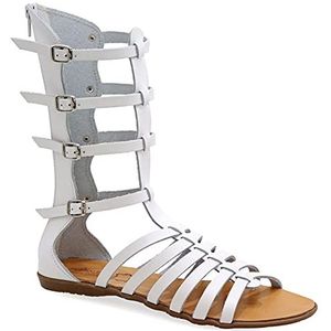 41 Wit Emmanuela antieke Griekse hand handgemaakte gladiator lederen sandalen, kalf hoge sandalen met rits aan de schacht, riem platte zomer schoenen voor vrouwen