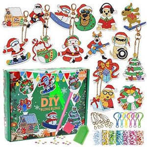 Vecibel SDZSH22101911, 15 stuks Diamond Painting kersthangers, 5D kerstman, kinderkabouter, set, doe-het-zelf dubbelzijdige sleutelhangers voor cadeau-idee, 20,2 x 15,8 x 4 cm