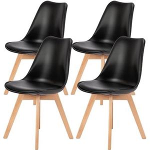 Sweetcrispy Eetkamerstoelen, set van 4 moderne eetkamerstoelen, woonkamer, slaapkamer, outdoor, loungestoel, PU lederen kussens en houten poten, modern zwart