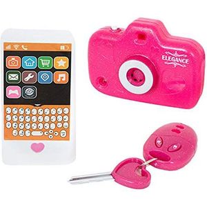 FLYPOP'S Fotoapparaat, Sonic en verlichte telefoon en autosleutel 016335LIN, kleur: wit, 15 cm, elastisch, vanaf 3 jaar, 5, 1,5 V, inclusief accessoires, 016335LIN, roze en wit
