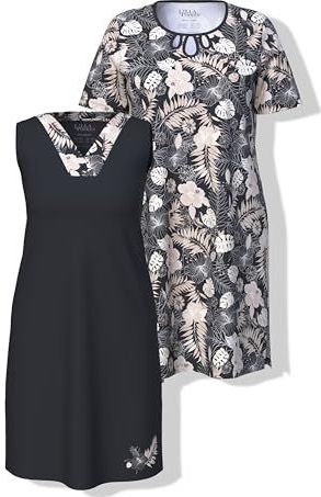 Ulla Popken - Nachthemd - Crème/Zwart/Wit - 2 Pack - Halve Mouw