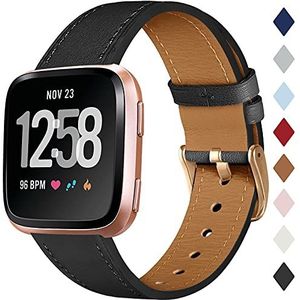 CeMiKa Leren Bandje Compatibel met Fitbit Versa Bandje/Fitbit Versa 2 Bandje, Klassieke Vervangende Leren Bandjes Compatibel met Fitbit Versa/Versa 2/Versa Lite Bandje, Zwart/Rose Goud