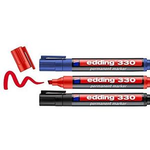 edding 330 permanent marker - zwart, rood, blauw - 3 stiften - beitelpunt 1-5 mm - watervast, sneldrogend - wrijfvast - voor karton, kunststof, hout, metaal, glas