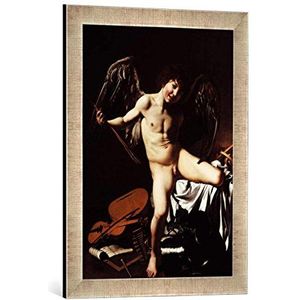 Ingelijste afbeelding van Michelangelo Merisi Caravaggio Amor als winnaar, kunstdruk in hoge kwaliteit handgemaakte fotolijst, 40x60 cm, zilver Raya