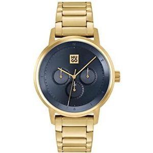 HUGO Analoog multifunctioneel quartz horloge voor mannen met goudkleurige roestvrijstalen armband - 1530265, Blauw, armband