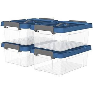 Cetomo 20L* 4 Plastic Opbergdoos, Tote doos, Transparante Organiserende Container met Duurzaam blauw Deksel en Veilige Klink Gespen, Stapelbaar en Nestable, 4Pack