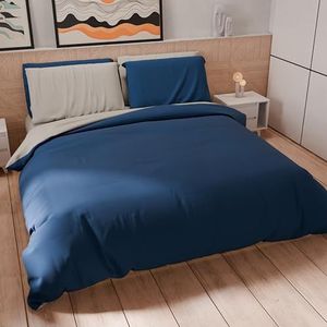 PETTI Artigiani Italiani - Beddengoedset voor Frans bed 200 x 200 cm (1 kussensloop 50 x 80 cm inbegrepen), beddengoedset van zachte microvezel, effen, lichtgrijs - nachtblauw