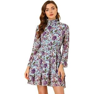 Allegra K Women's Floral Dress Chiffon Long Sleeve Mock Neck Ruffle Layered Smocked Mini Dresses Small Blue