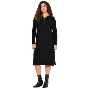 Ulla Popken Dames grote maten grote maten plus size ribjersey midi-jurk met ritssluiting, A-lijn, V-hals, lange mouwen, zwart, 46/48 NL